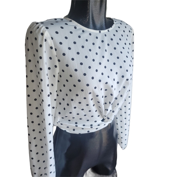 Mink Pink Polka Dot Twist Front Cropped Long Sleeve Blouse XS - Picture 2 of 6